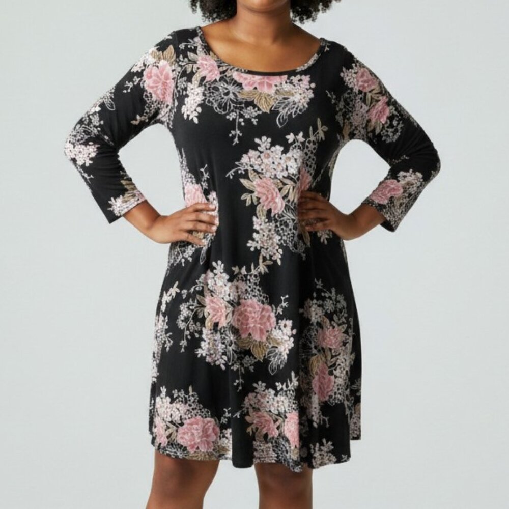 LARA Black Floral Tunic with Pink and Cream Blooms